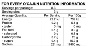 CAJUN SEASONING sample nutrition information panel